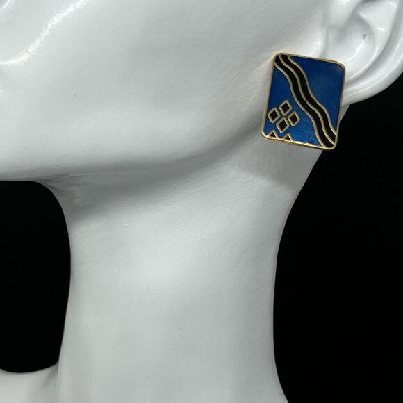 Blue, Gold & Black Enamel Post Earrings for Pierced Ears Retro 1980s Jewelry - Picture 1 of 9
